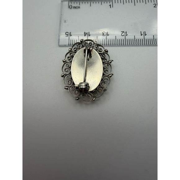 Vintage Petit Point Handmade in Austria Floral Rose Filigree Brooch Silver Tone - Picture 4 of 5